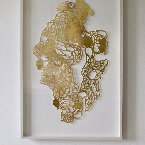 Andreas Kocks: Within A Dream (#2119Au), 2021, Gold leaf on watercolor paper on wood, 40.5 x 25 x 1 inches (framed dimensions: 49.5 x 33 x 2.5 inches)