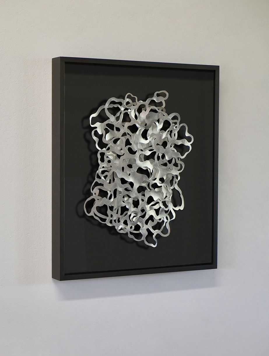 Andreas Kocks: Nocturne (#2201A), 2022, Aluminum leaf on watercolor paper on wood, 20 x 14.5 x 1 inches (framed dimensions: 26.5 x 22.5 x 2.5 inches)