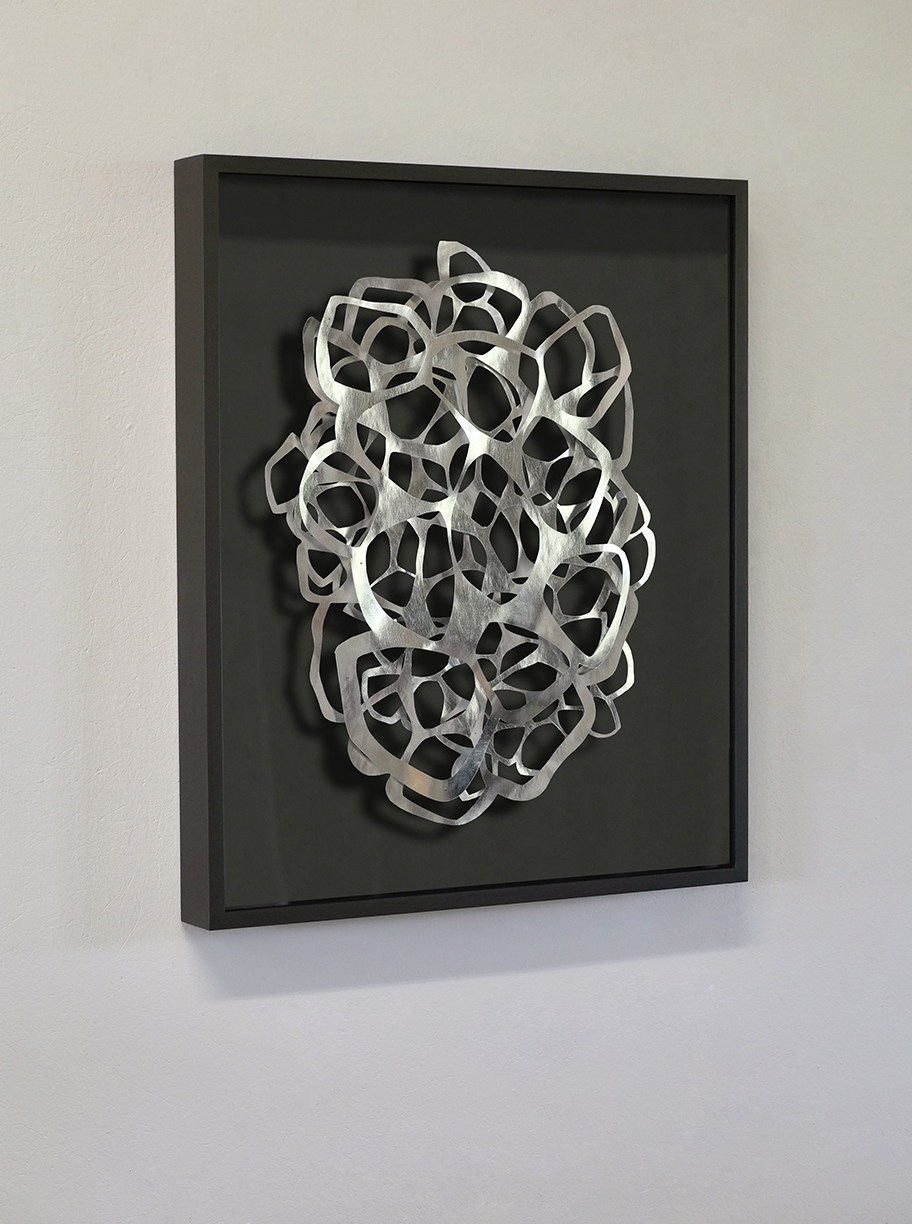 Andreas Kocks: Nocturne (#2204A), 2022, Aluminum leaf on watercolor paper on wood, 21 x 16 x 1 inches (framed dimensions: 26.5 x 22.5 x 2.5 inches)