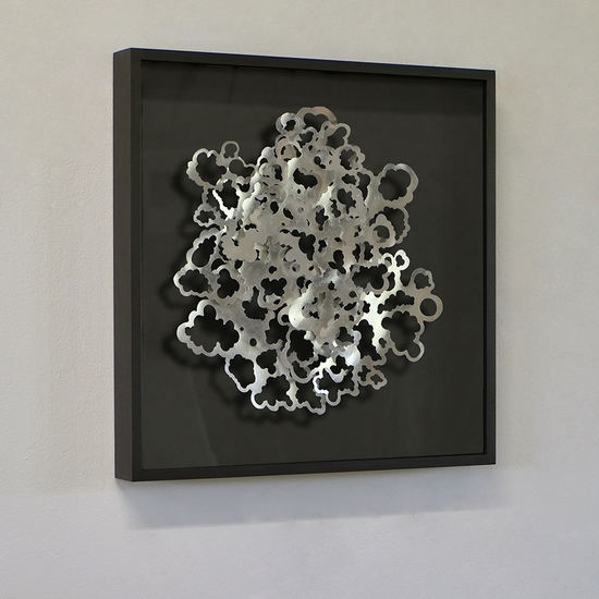 Andreas Kocks: Nocturne (#2205A), 2022, Aluminum leaf on watercolor paper on wood, 17 x 16.5 x 1 inches (framed dimensions: 22.5 x 22.5 x 2.5 inches)