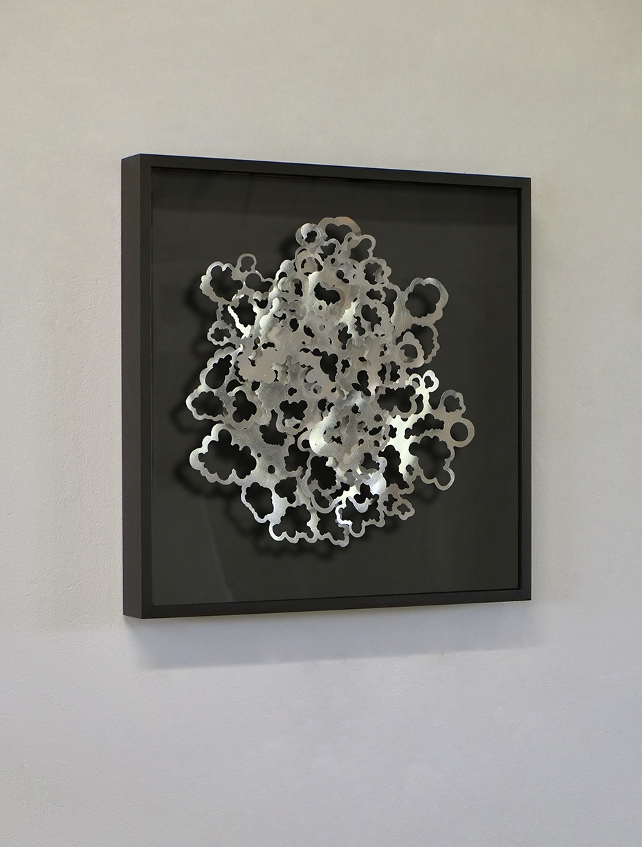 Andreas Kocks: Nocturne (#2205A), 2022, Aluminum leaf on watercolor paper on wood, 17 x 16.5 x 1 inches (framed dimensions: 22.5 x 22.5 x 2.5 inches)