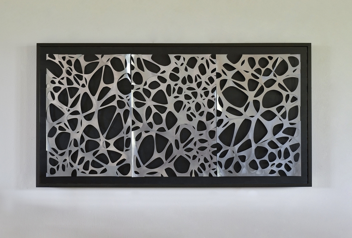 Andreas Kocks: Three Views of a Secret (#2206A), 2022, Aluminum leaf on watercolor paper on wood, 28 x 58 x 1 inches (framed dimensions: 32.75 x 62.75 x 2.75 inches)