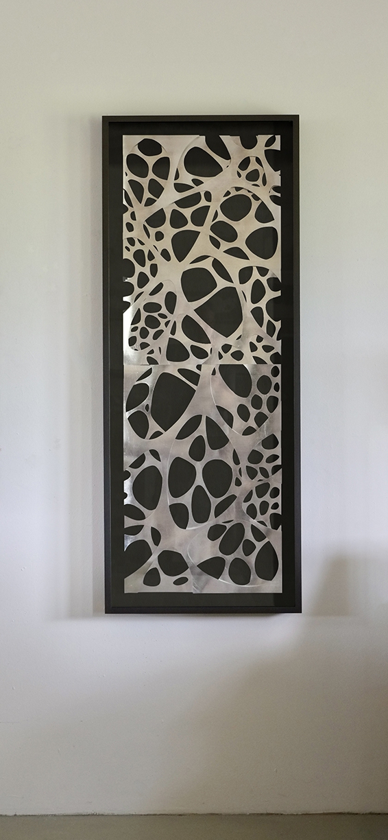 Andreas Kocks: Two Views of a Secret (#2207A), 2022, Aluminum leaf on watercolor paper on wood, 55 x 19.25 x 1 inches (framed dimensions: 60.75 x 24 x 2.75 inches)