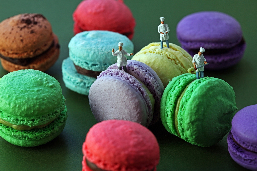 Christopher Boffoli: Macaron Production Team, 2012, Archival pigment ink print on metallic paper