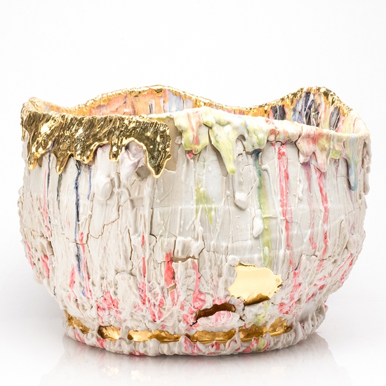 Andrew Casto: Accumulation Vessel 64, 2020, Porcelain and 18k Gold Luster, 10 x 15 x 15 inches
