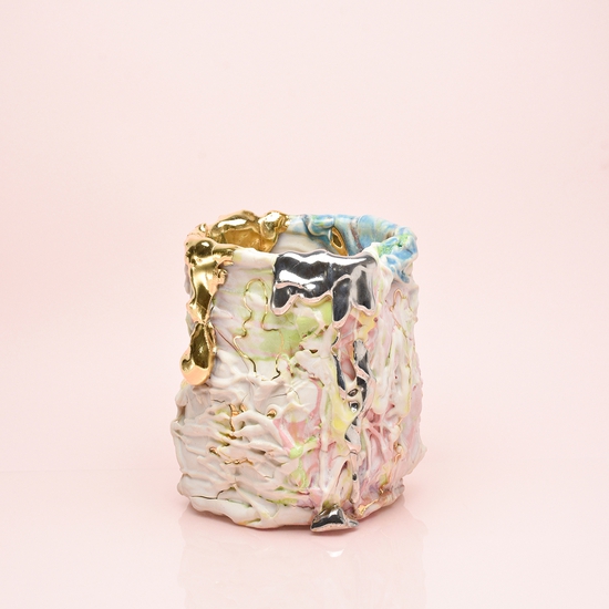 Andrew Casto: Accumulation Vessel 68, 2020, Porcelain and 18k Gold Luster, 6.25 x 5.5 x 5.5 inches