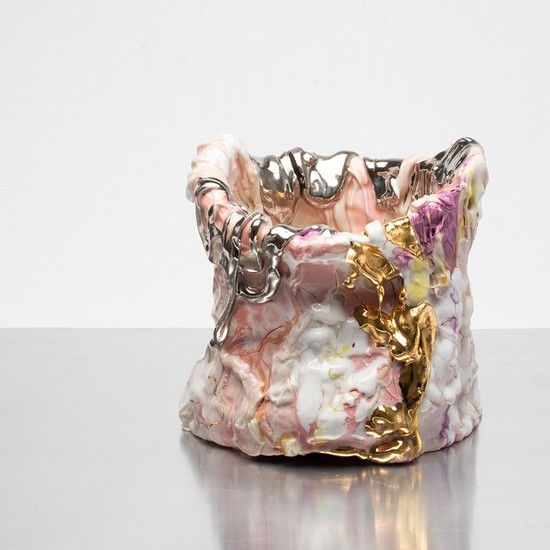 Andrew Casto: Accumulation Vessel 69, 2020, Porcelain and 18k gold and white gold lusters, 7 × 7 × 8 inches