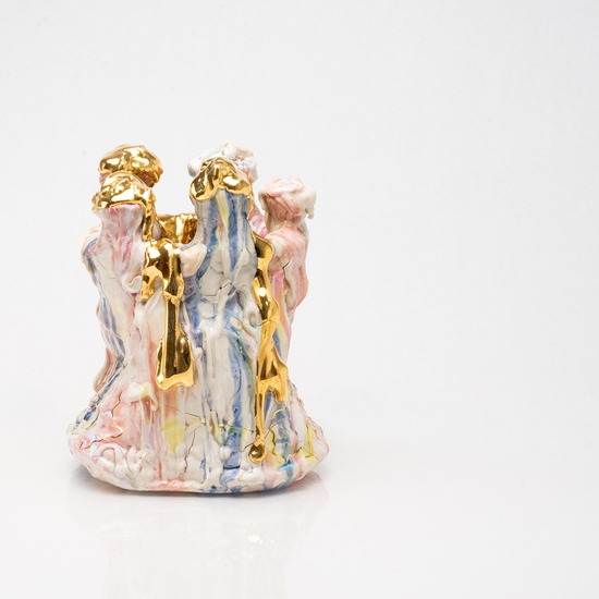 Andrew Casto: Accumulation Vessel 76, 2020, Porcelain and 18k and white gold lusters, 9 x 6.5 x 7 inches
