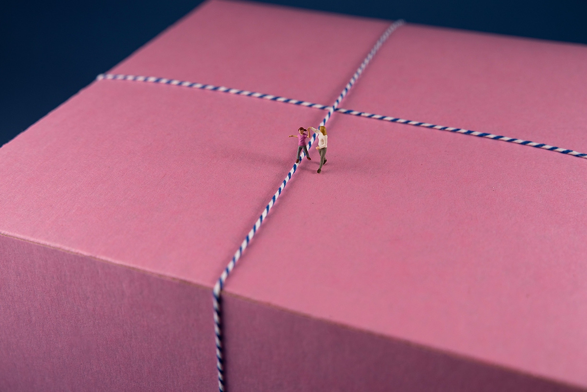 Christopher Boffoli: Bakery Box Balance, 2023, Archival pigment ink print on metallic paper, Available in various sizes
