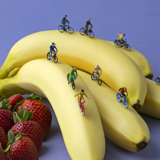 Christopher Boffoli: Banana Racers, 2015, Archival pigment ink print on metallic paper