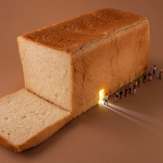 Christopher Boffoli: Bread Line, 2023, Archival pigment ink print on metallic paper, Available in various sizes