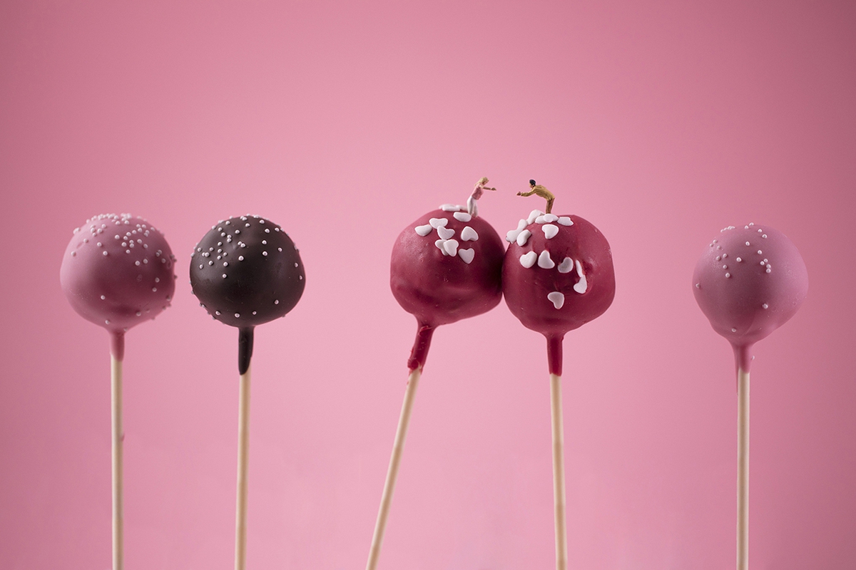 Christopher Boffoli: Cake Pop Love, 2019, archival pigment print on metallic paper, 24 x 36 inches and other various sizes