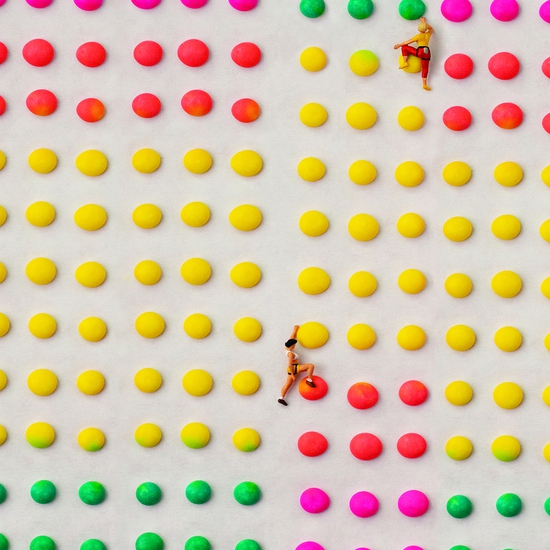 Christopher Boffoli: Candy Dot Climbing Wall, 2018, archival pigment print on metallic paper, 24 x 36 inches and other various sizes