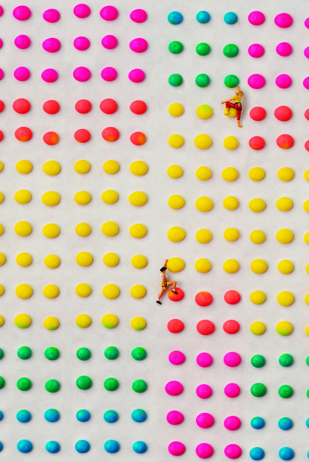 Christopher Boffoli: Candy Dot Climbing Wall, 2018, archival pigment print on metallic paper, 24 x 36 inches and other various sizes