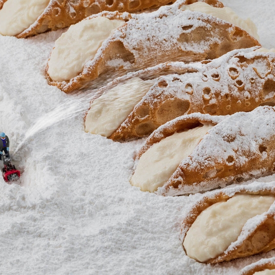 Christopher Boffoli, Cannoli Snowblower, 2026, Archival pigment ink print on metallic paper, Available in various sizes