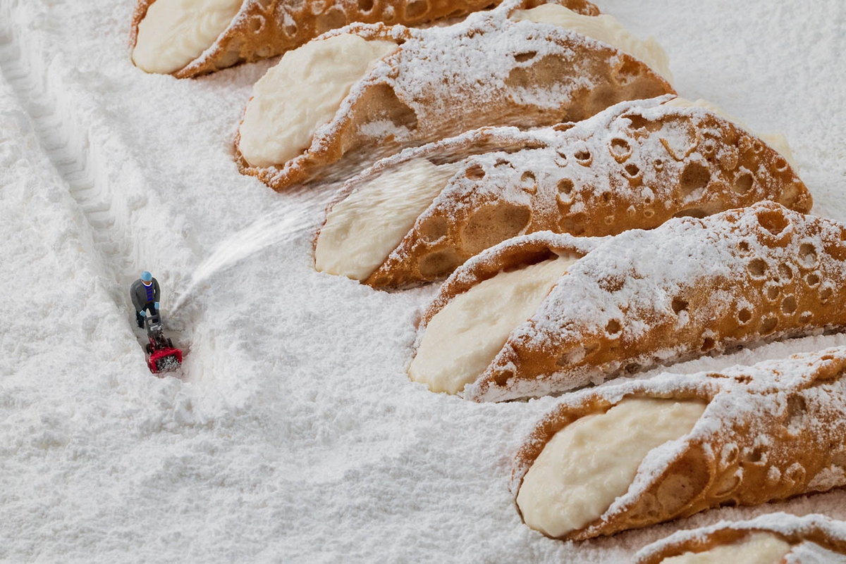 Christopher Boffoli, Cannoli Snowblower, 2026, Archival pigment ink print on metallic paper, Available in various sizes