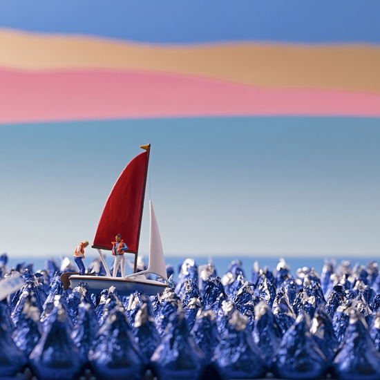 Christopher Boffoli: Chocolate Kisses Sail, 2020, Archival pigment print on metallic paper, 24 x 36 inches and other various sizes
