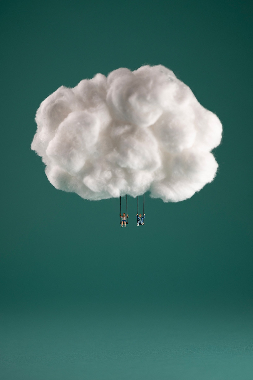 Christopher Boffoli: Cloud Swing, 2023, Archival pigment ink print on metallic paper, Available in various sizes