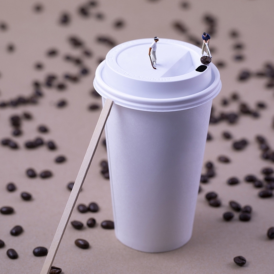 Christopher Boffoli: Coffee Bean Bogey, 2019, archival pigment print on metallic paper, 24 x 36 inches and other various sizes