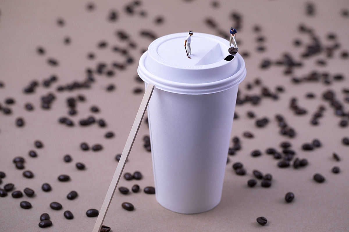 Christopher Boffoli: Coffee Bean Bogey, 2019, archival pigment print on metallic paper, 24 x 36 inches and other various sizes