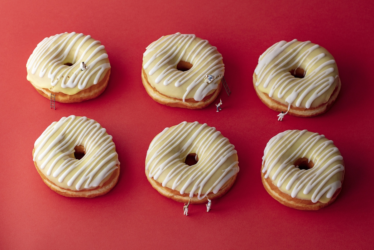 Christopher Boffoli: Doughnut Icers, 2016, archival pigment print on metallic paper, 24 x 36 inches and other various sizes
