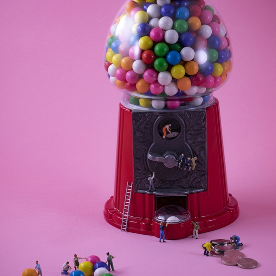 Christopher Boffoli: Gumball Harvesters, 2018, archival pigment print on metallic paper, 24 x 36 inches and other various sizes