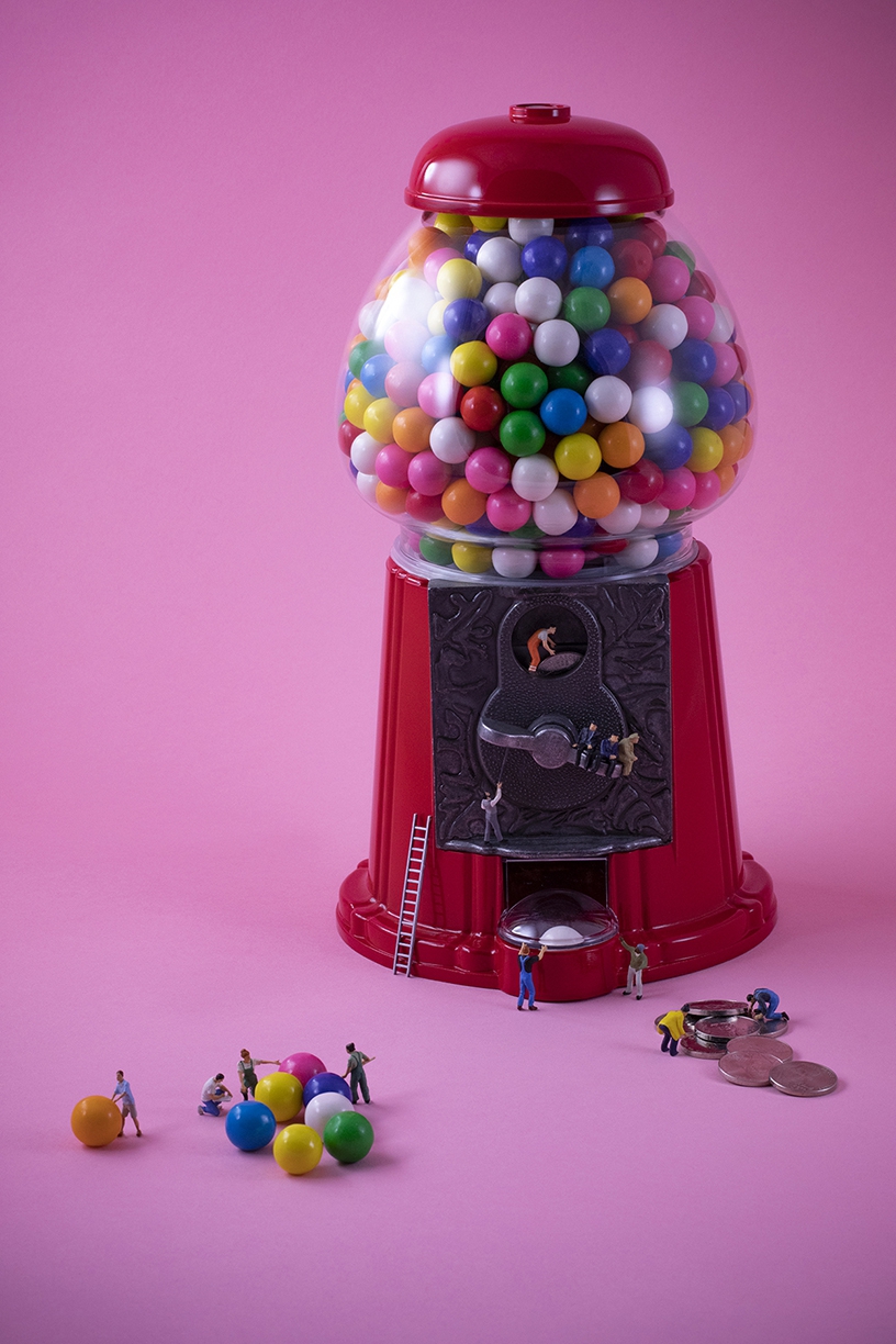Christopher Boffoli: Gumball Harvesters, 2018, archival pigment print on metallic paper, 24 x 36 inches and other various sizes