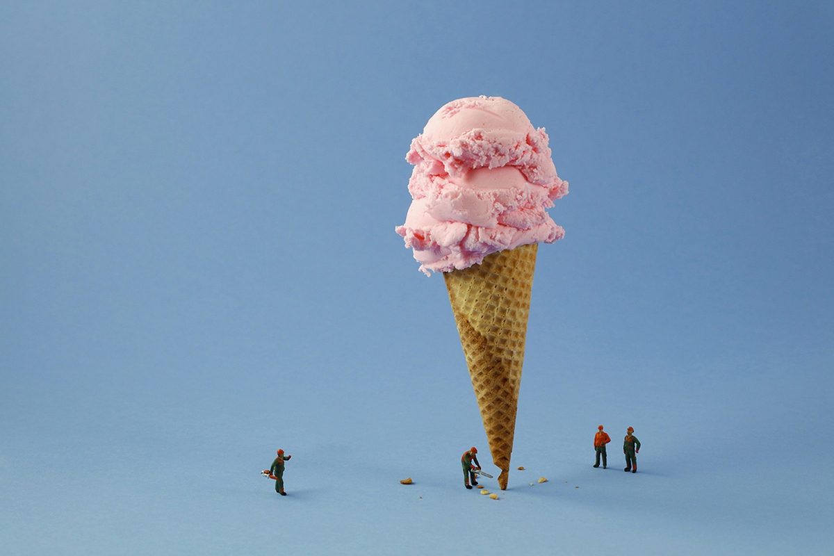 Christopher Boffoli: Ice Cream Cone Lumberjacks, 2019, archival pigment print on metallic paper, 24 x 36 inches and other various sizes