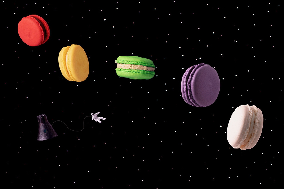 Christopher Boffoli: Macaron Constellation, 2020, Archival pigment print on metallic paper, 24 x 36 inches and other various sizes