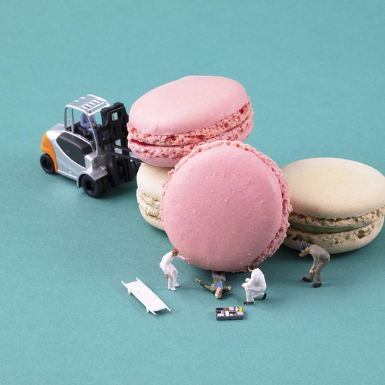 Christopher Boffoli: Macaron Incident, 2019, archival pigment print on metallic paper, 24 x 36 inches and other various sizes