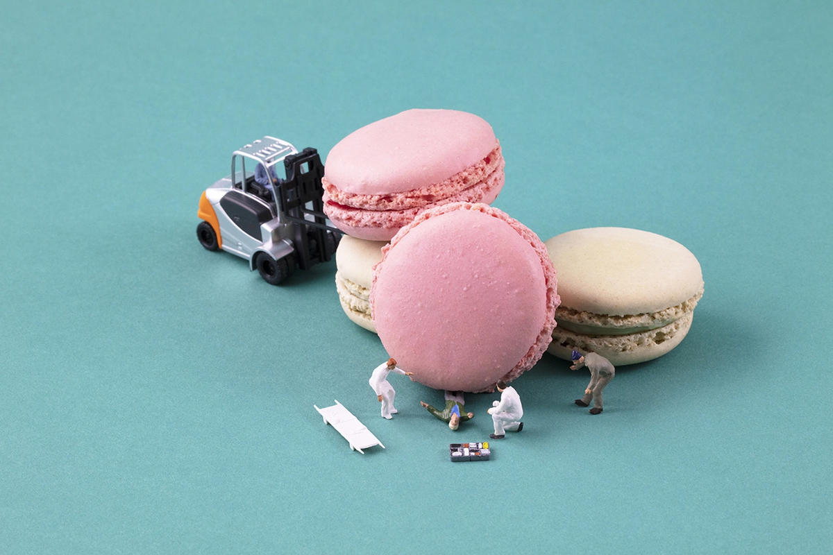 Christopher Boffoli: Macaron Incident, 2019, archival pigment print on metallic paper, 24 x 36 inches and other various sizes