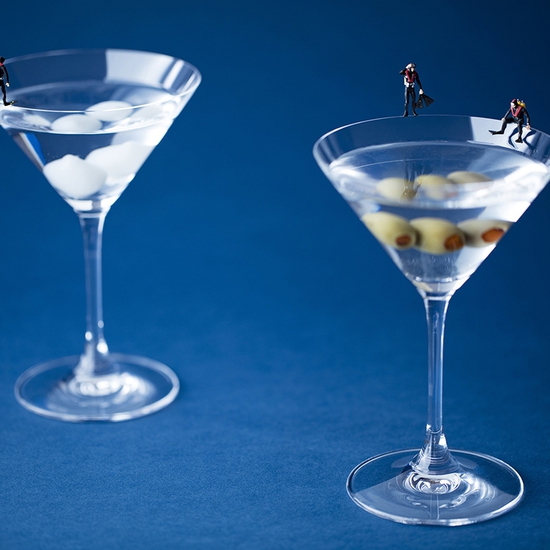 Christopher Boffoli: Martini Divers, 2016, archival pigment print on metallic paper, 24 x 36 inches and other various sizes