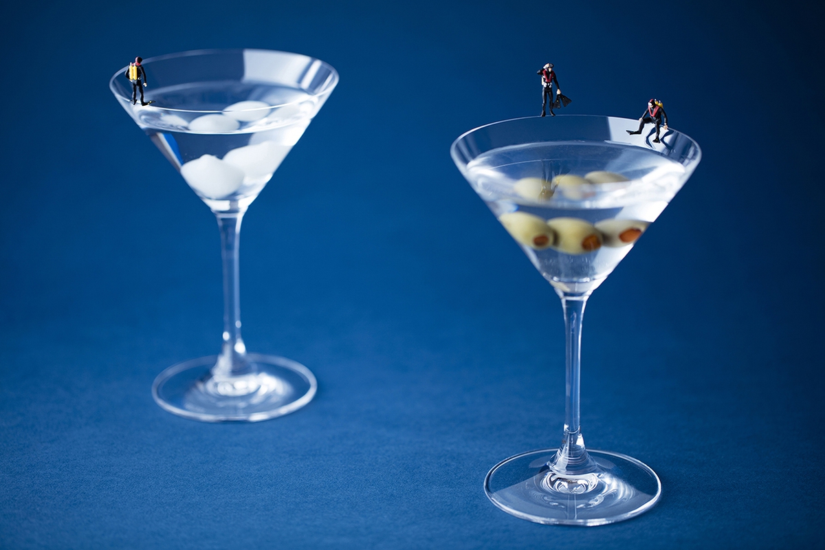 Christopher Boffoli: Martini Divers, 2016, archival pigment print on metallic paper, 24 x 36 inches and other various sizes