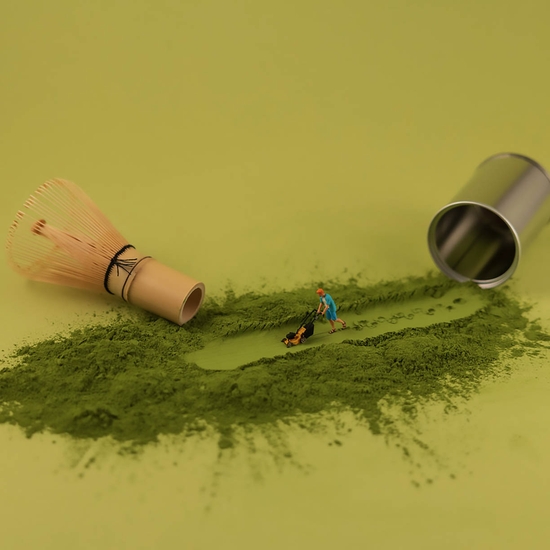 Christopher Boffoli, Matcha Lawnmower, 2026, Archival pigment ink print on metallic paper, Available in various sizes