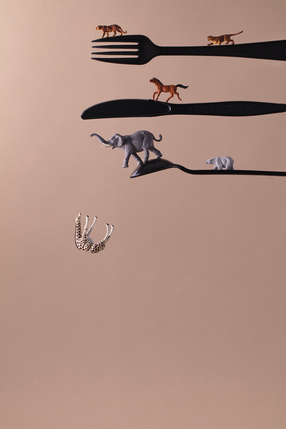 Christopher Boffoli: Plastic Utensils Safari, 2020, Archival pigment print on metallic paper, 24 x 36 inches and other various sizes