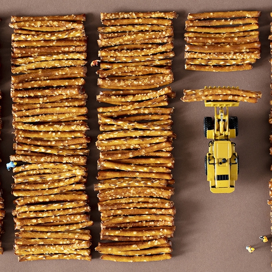 Christopher Boffoli: Pretzel Stackers, 2018, archival pigment print on metallic paper, 24 x 36 inches and other various sizes