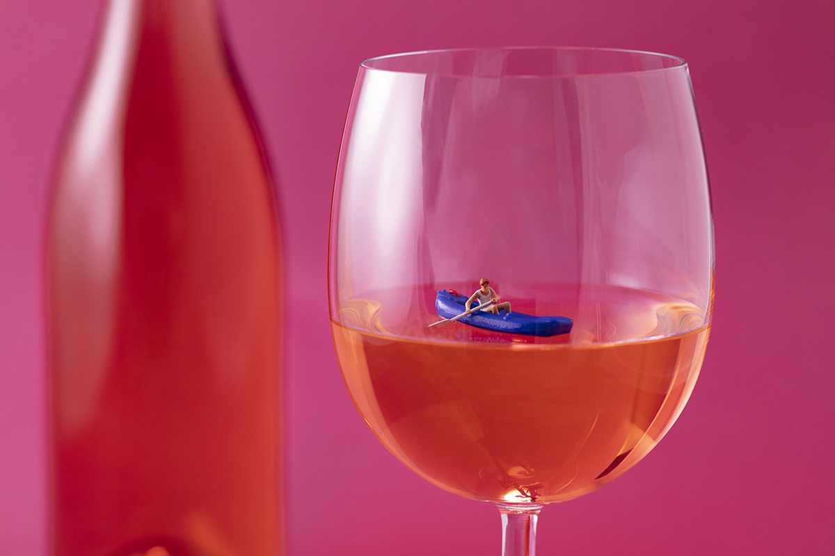 Christopher Boffoli: Rosè Rafter, 2020, Archival pigment print on metallic paper, 24 x 36 inches and other various sizes
