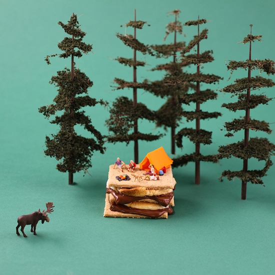 Christopher Boffoli: S'mores Campsite,2019, archival pigment print on metallic paper, 24 x 36 inches and other various sizes