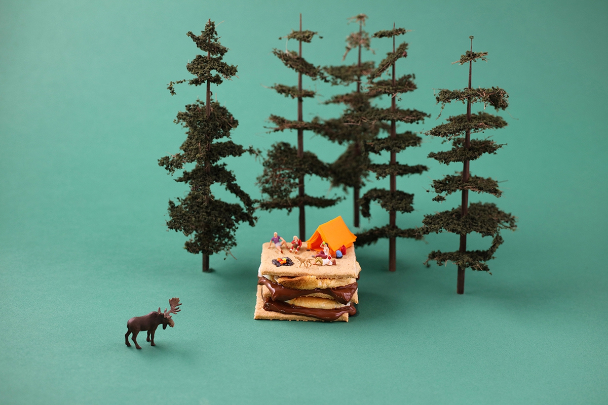 Christopher Boffoli: S'mores Campsite,2019, archival pigment print on metallic paper, 24 x 36 inches and other various sizes