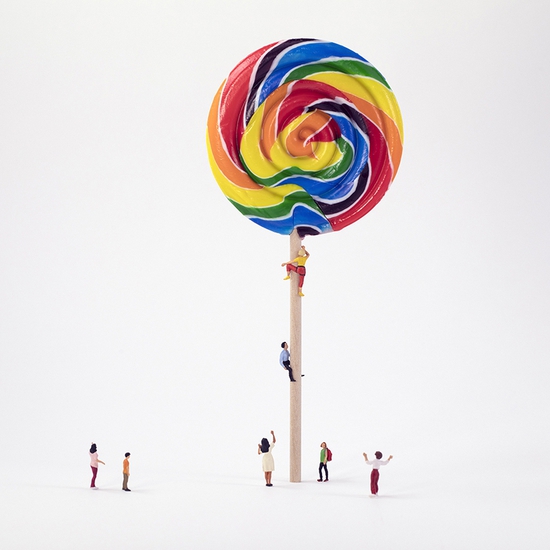 Christopher Boffoli: Swirl Pop Climbers, 2019, archival pigment print on metallic paper, 24 x 36 inches and other various sizes