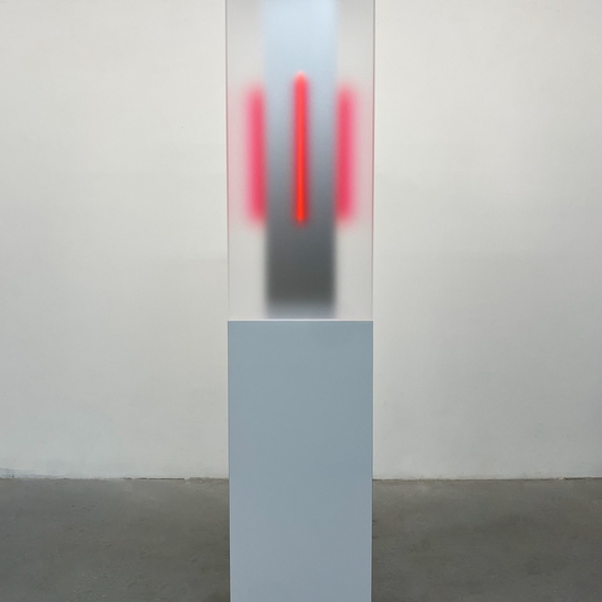 Casper Brindle, Cuboid III Silver, 2024, Acrylic and pigmented acrylic, 36 x 15 x 15 inches, With pedestal 72 x 15 x 15 inches