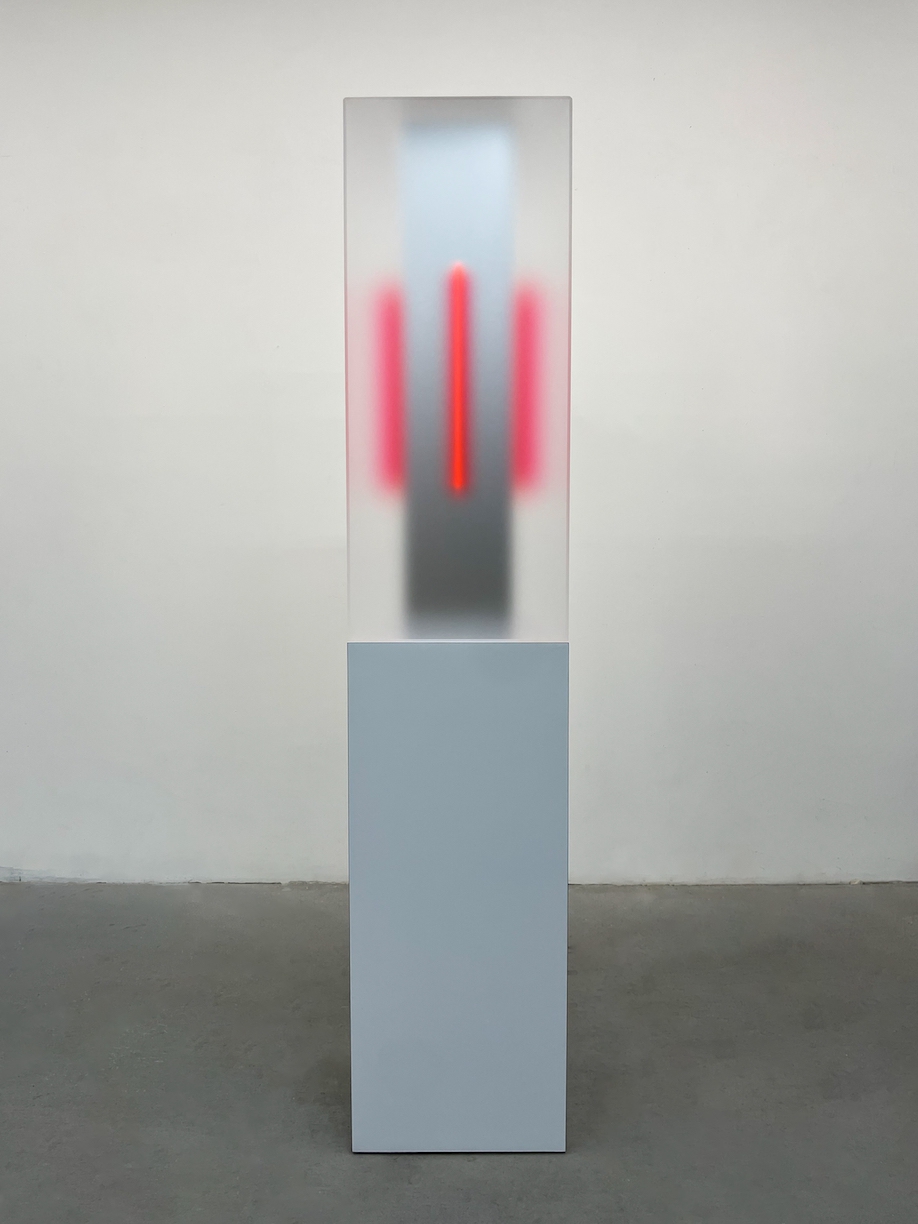Casper Brindle, Cuboid III Silver, 2024, Acrylic and pigmented acrylic, 36 x 15 x 15 inches, With pedestal 72 x 15 x 15 inches