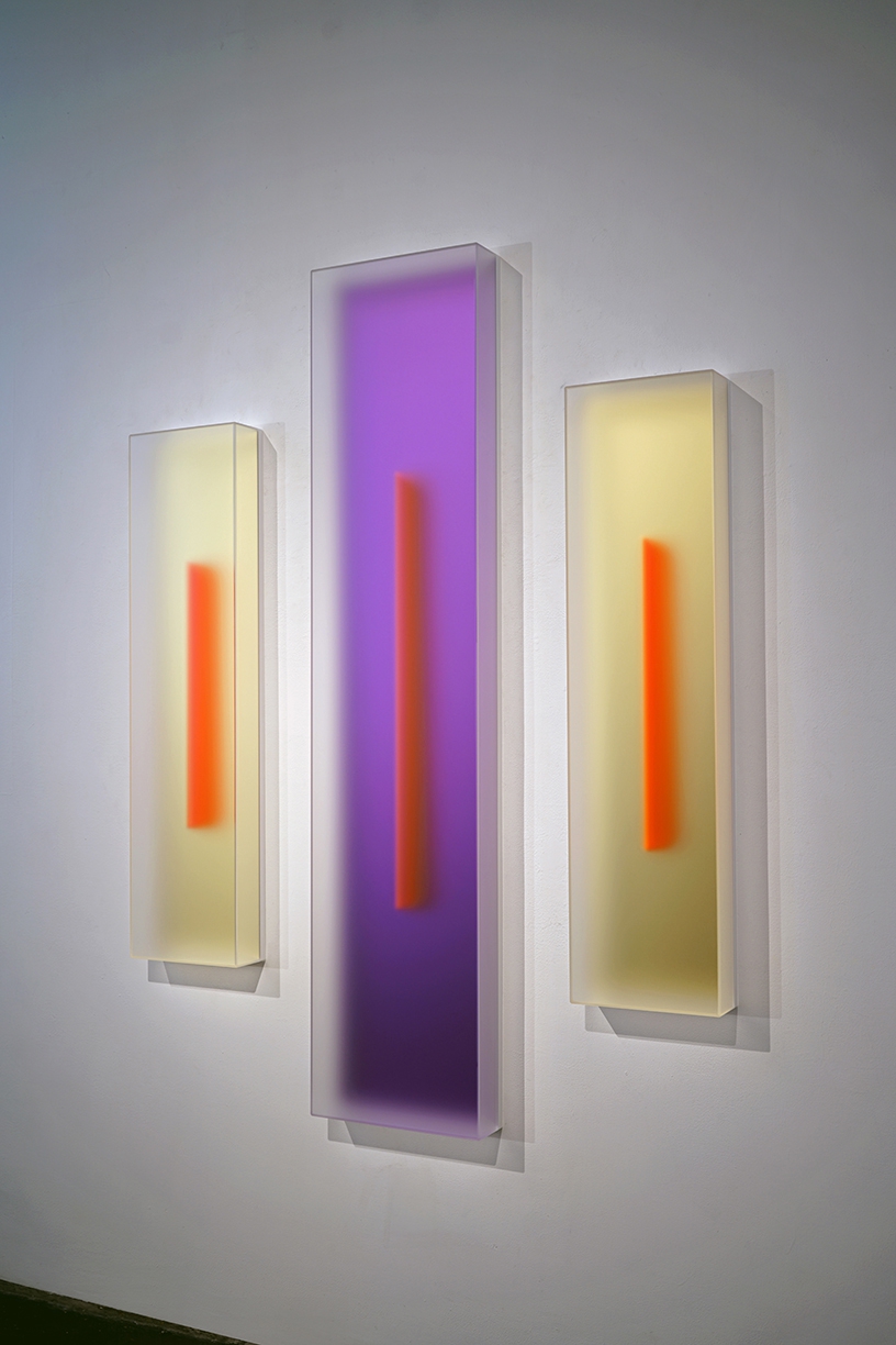 Casper Brindle, Light Glyphs - Triptych 3, 2024, Pigmented acrylic, 47 x 12 x 4 inches, 72 x 16 x 4 inches, 47 x 12 x 4 inches