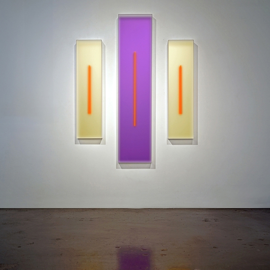 Casper Brindle, Light Glyphs - Triptych 3, 2024, Pigmented acrylic, 47 x 12 x 4 inches, 72 x 16 x 4 inches, 47 x 12 x 4 inches