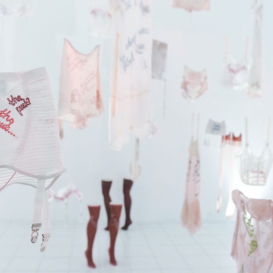 Zoe Buckman studio installation, 'Every Curve' series, Embroidered vintage lingerie