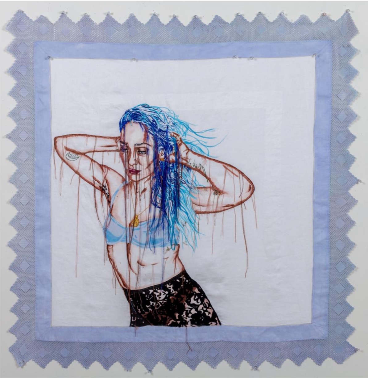 Zoë Buckman, Danced Like Dappled Light, 2025, Ink, hand embroidery on vintage textile, 44 x 43 inches, Framed size 48.25 x 48.25 x 1.75 inches