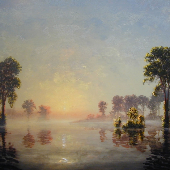 Stephen Hannock: Flooded River: Golden Light at Dawn, October, 2001, 2001, Polished oil on canvas stretched over panel, 30 x 48 inches