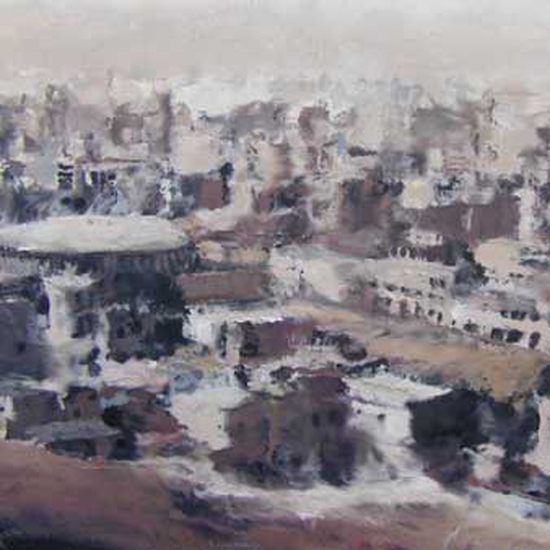 Philippe Cognée: Le Caire Rue de La Mosquie No. 6, 2001, Encaustic, oil on canvas over panel, 45 x 48 x 2 inches