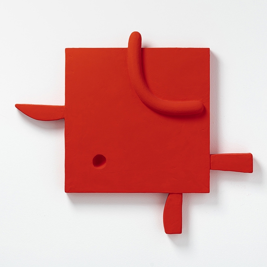 Iván Carmona: Gallito, 2022, Ceramic, plaster paint on panel, 23 x 27 x 2.5 inches