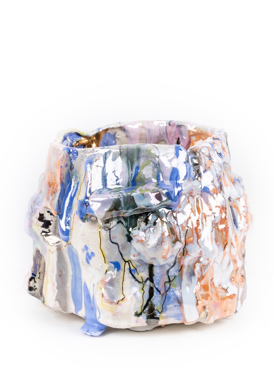 Andrew Casto: Accumulation Vessel 100, 2021, Porcelain, gold, and mother of pearl lusters, 12 x 12 x 9 inches